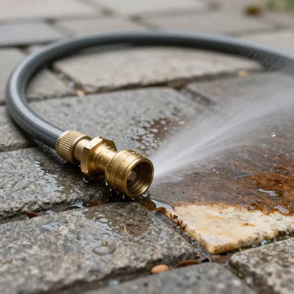 Extreme macro of irrigation gear on wet stone paving with water beads, brass nozzle and damp test patches.