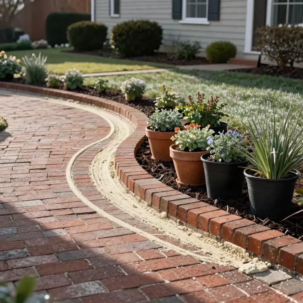 Marked planting beds beside a brick path with nursery pots and mulch in a calm front yard.