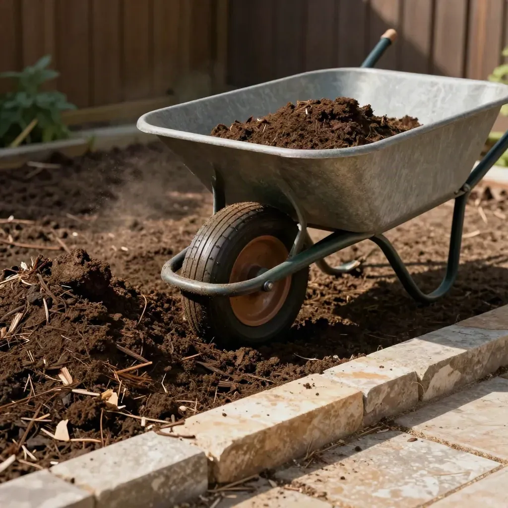Wheelbarrow, amended bed, and settling mulch in a textured garden soil scene.