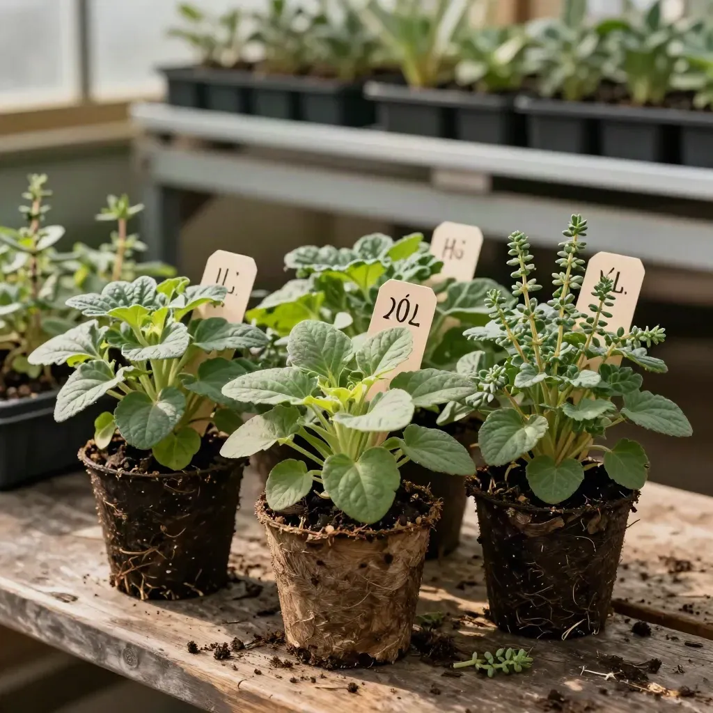 Nursery flats of perennials and herbs on a cedar potting bench in soft side light.