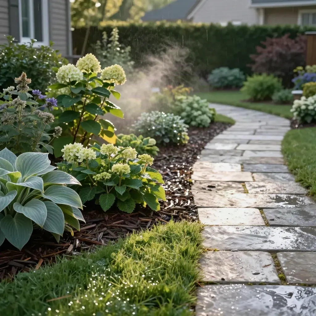 Toronto front garden at dawn with wet perennials, stone path, mulch rings, and mist
