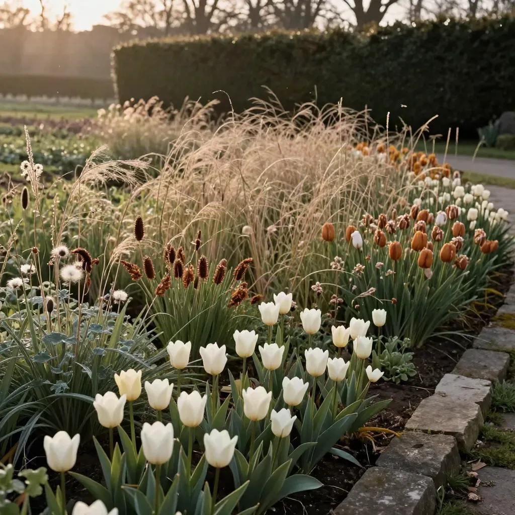 Mixed garden border through four seasons with bulbs, summer blooms, seed heads and winter grasses.