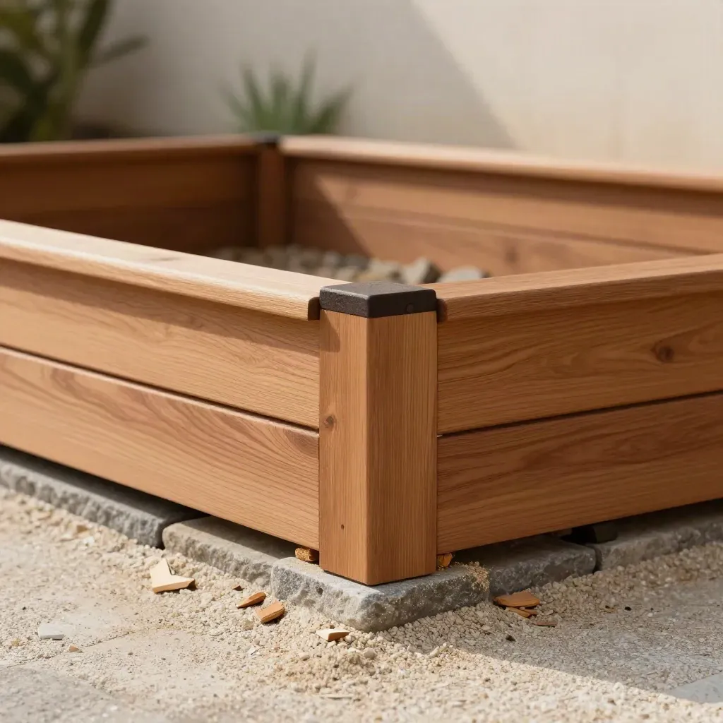 Cedar raised bed corner on gravel with stone base, brackets, and warm light