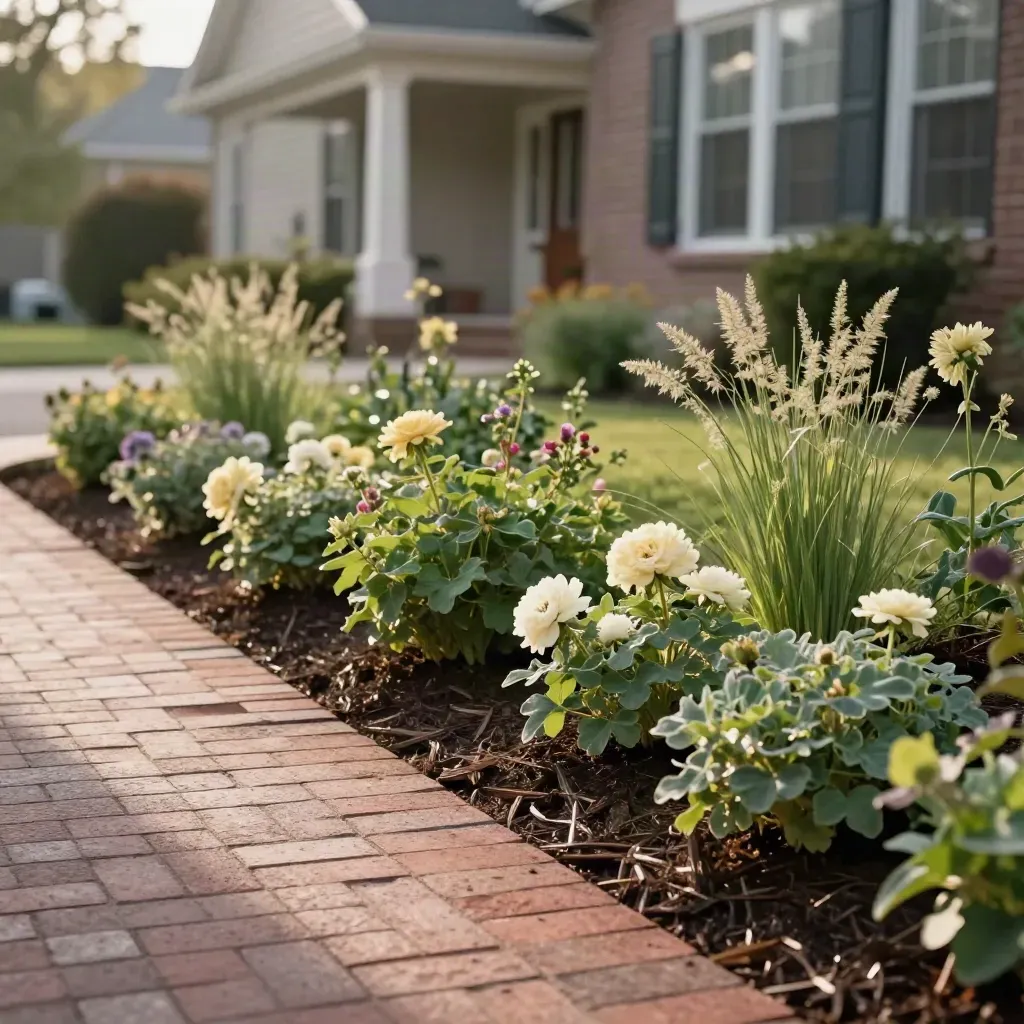 Freshly planted East York front yard bed with crisp edging, mulch, and brick walk