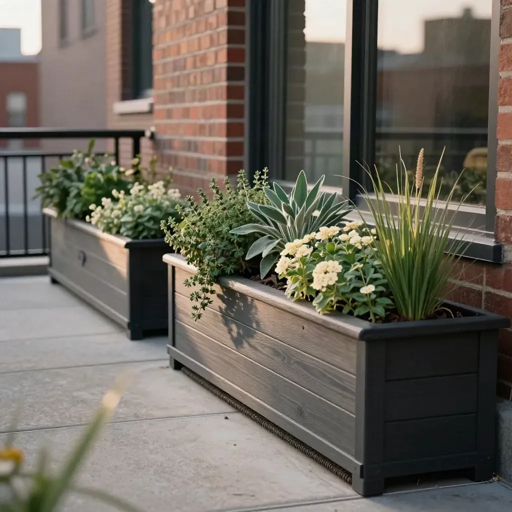 Balcony planter boxes packed with herbs, grasses, and cream blooms beside a city rail.