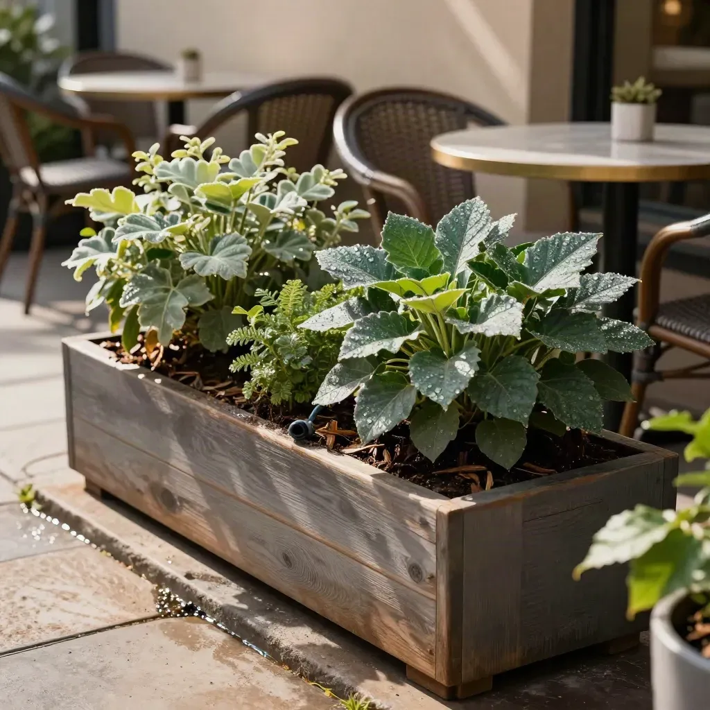 Moist café patio planters with lush foliage beside empty bistro tables in summer heat.