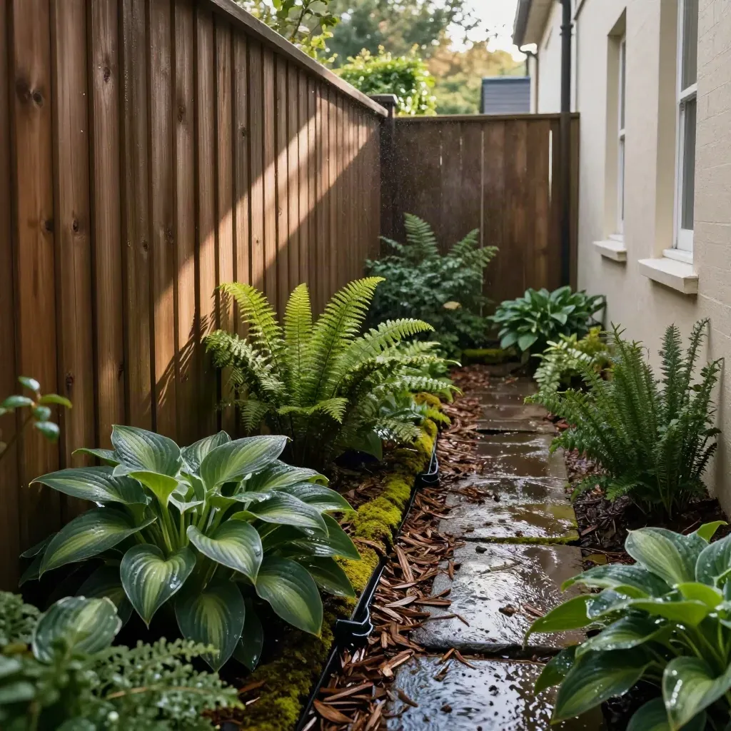 Shaded townhouse side yard with hostas, ferns, mulch, and a drip line under a cedar fence.