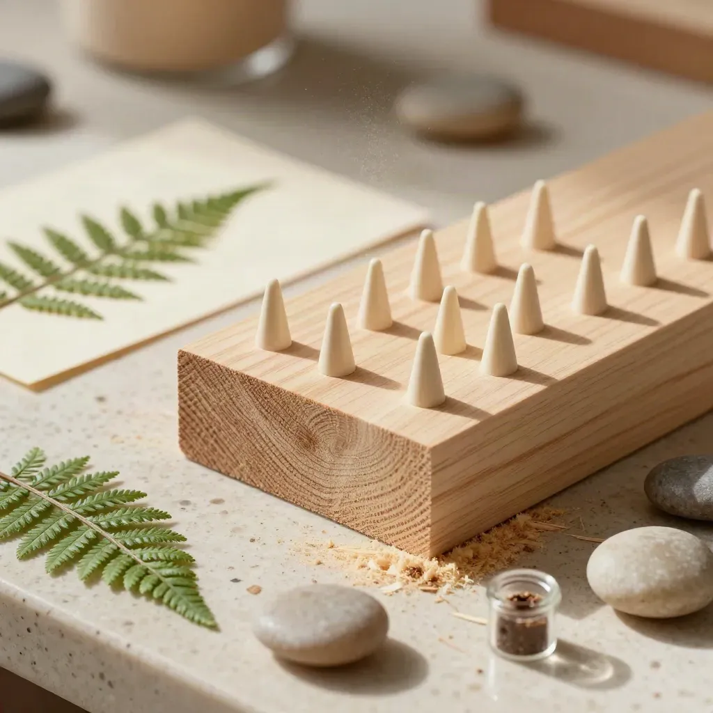 Macro cedar site model with plant pins, foliage swatches and pebbles on travertine.
