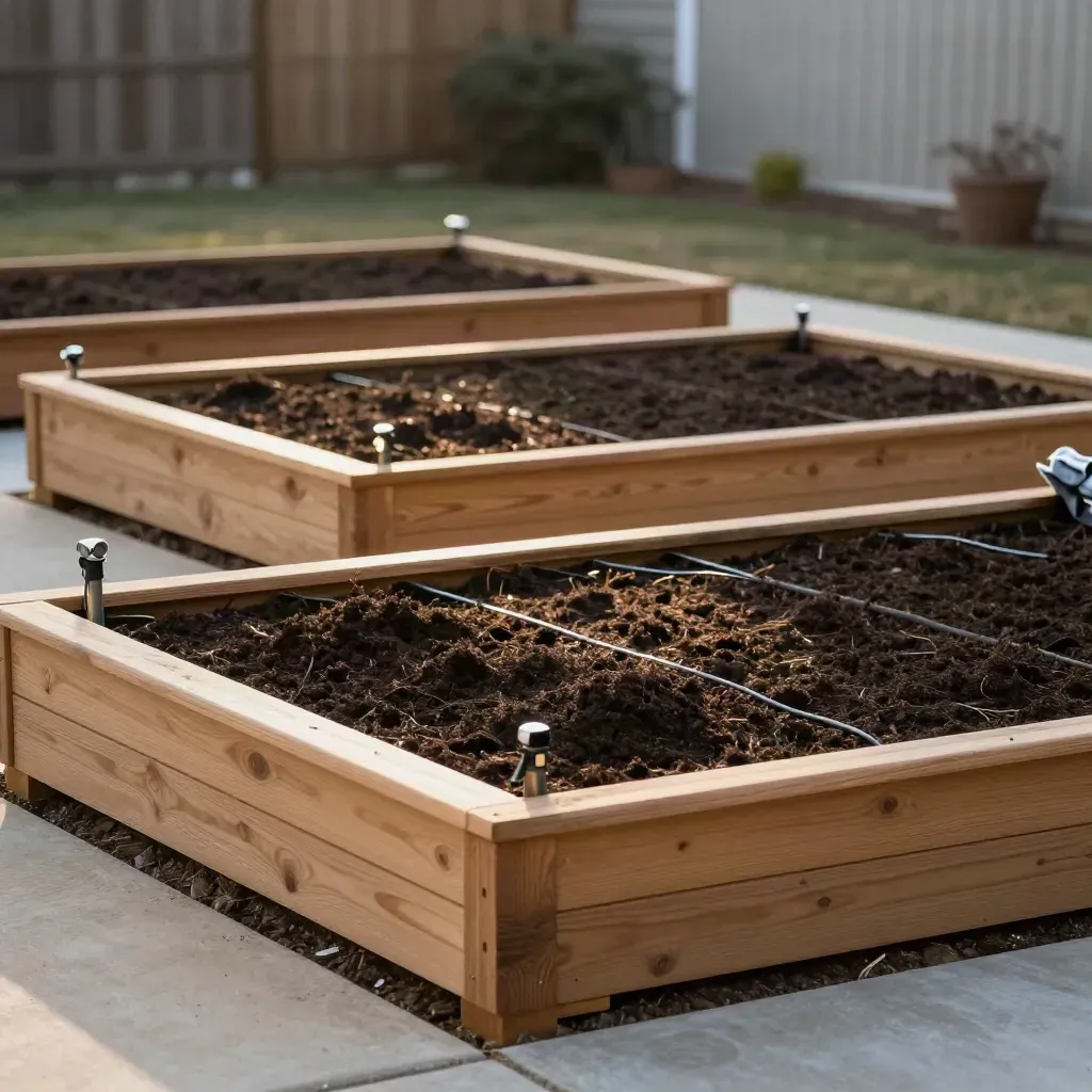 Raised cedar veg beds with fresh compost in a quiet backyard, ready for spring planting.