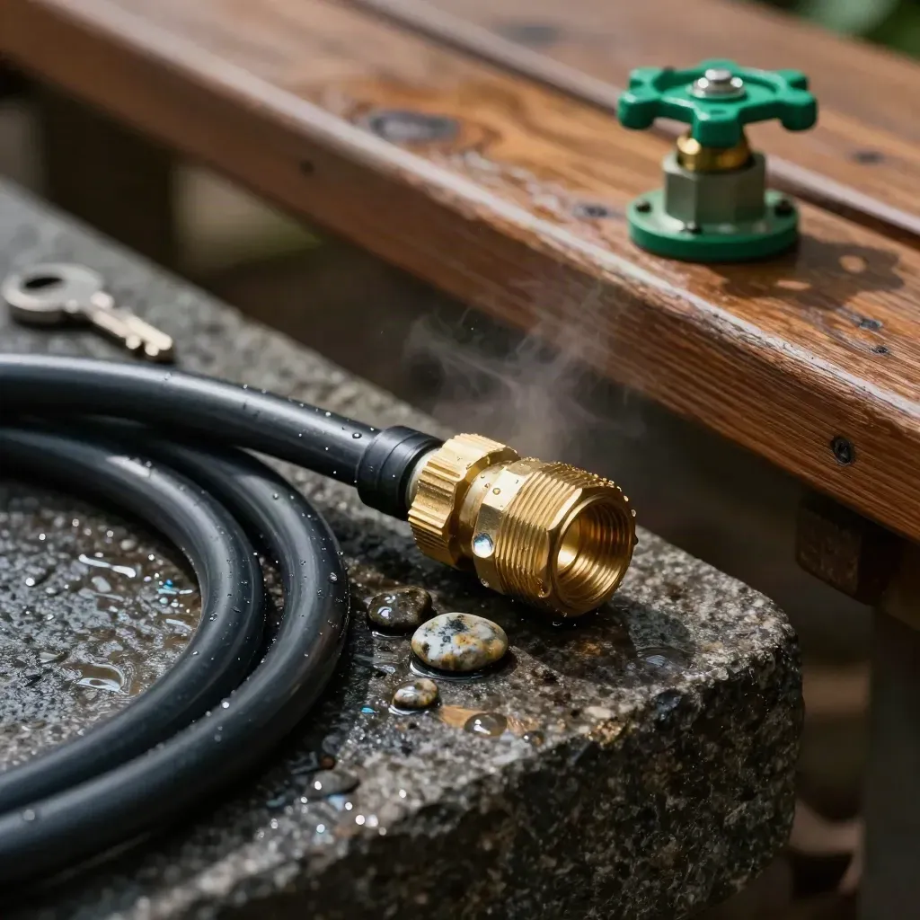 Macro of a drip line, brass fitting and wet basalt stones in misty garden light.