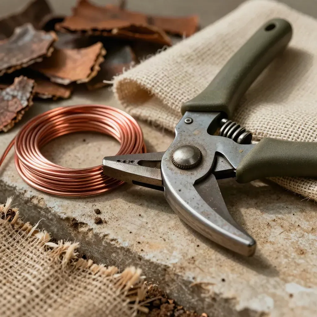 Macro of bypass pruners, copper tie wire, bark chips and burlap on a potting ledge.