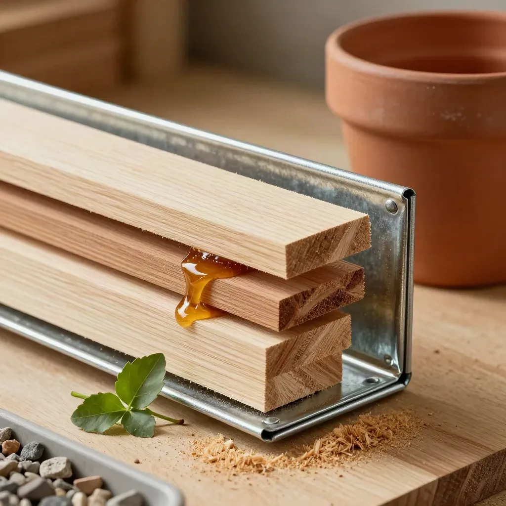 Cedar offcuts, a galvanized bracket, gravel stones and a terracotta pot on pale wood.