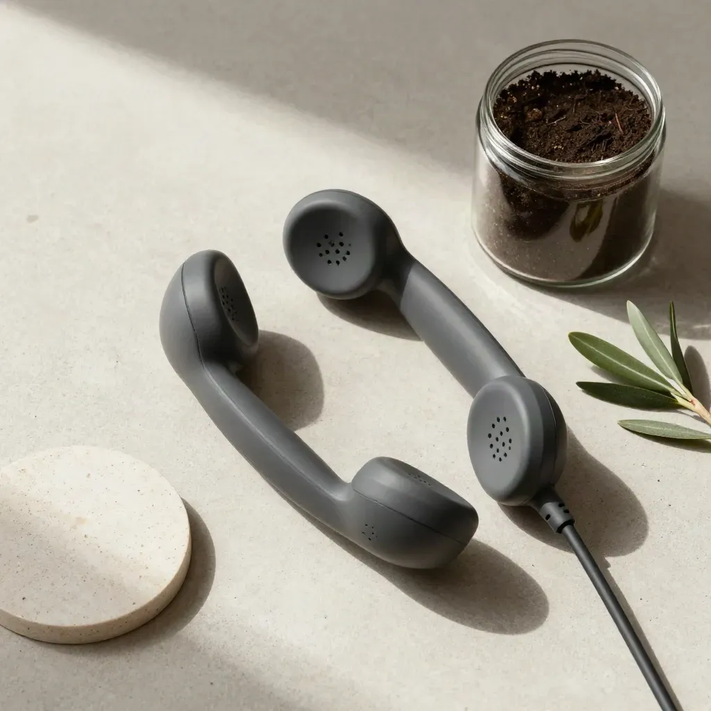 Overhead flatlay of a phone, stone coaster, soil jar and sprig on concrete.