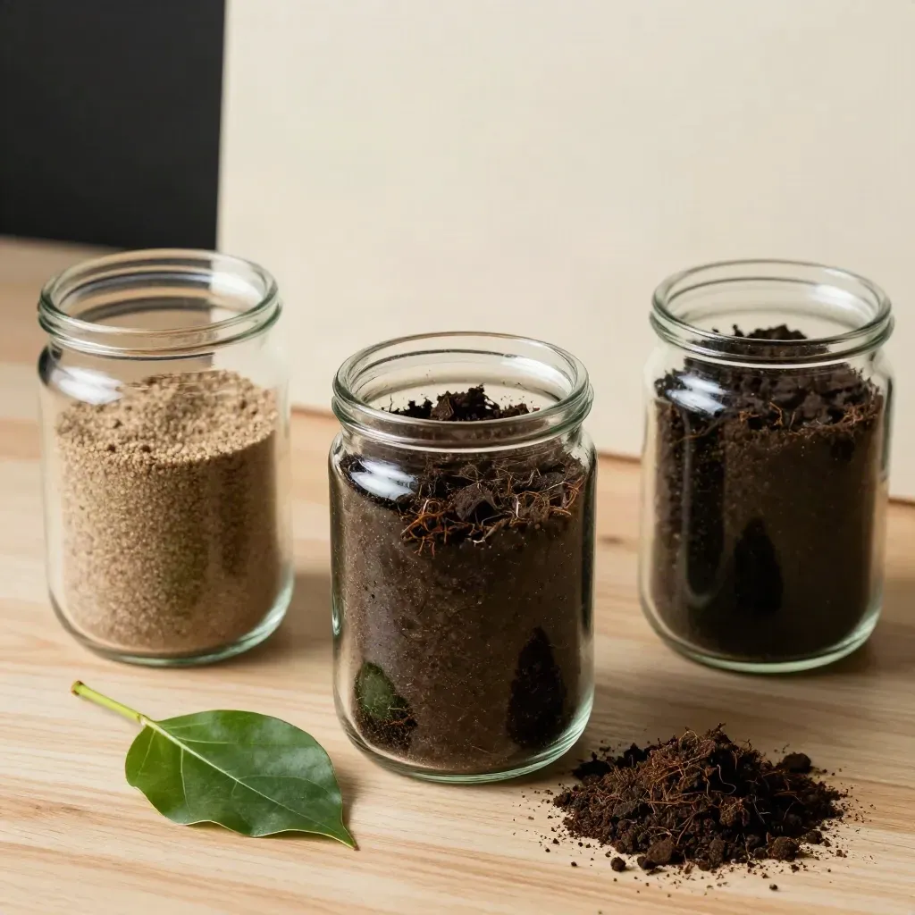 Three soil jars and a leaf sample on pale wood, top-down garden review still life.