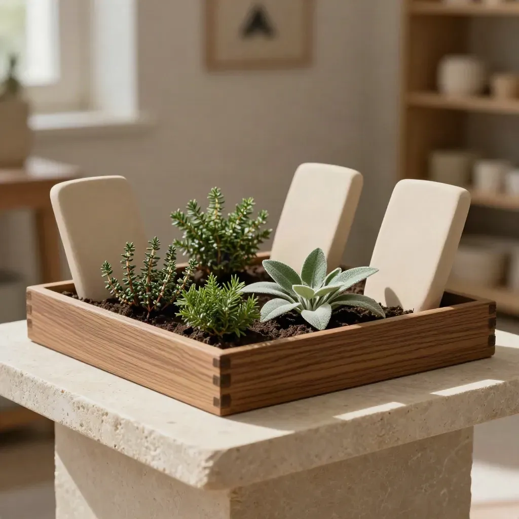 Mini cedar raised bed with clay markers and clipped foliage swatches on pale stone.