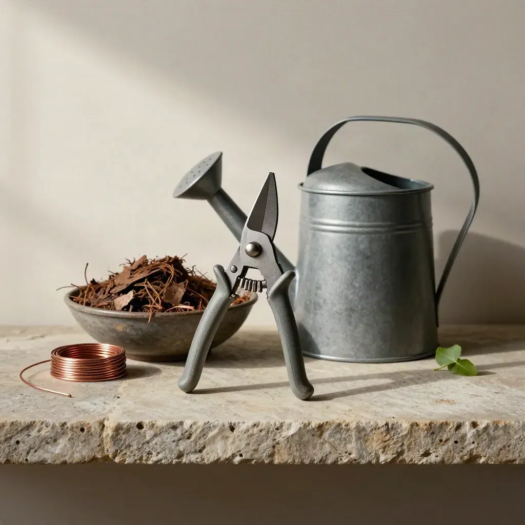 Garden pruners, copper wire, bark mulch and a watering can on a stone shelf.