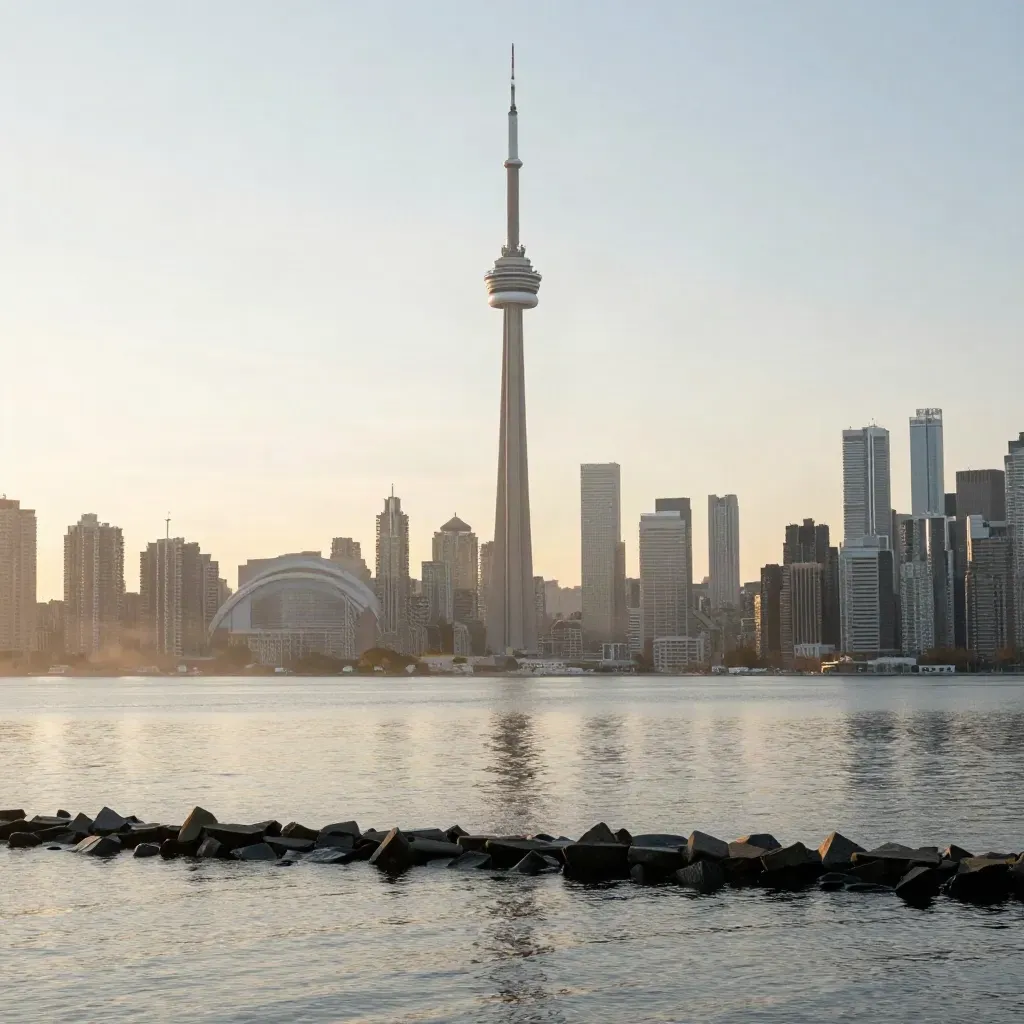 Toronto skyline and CN Tower in sunrise haze above a calm lakefront