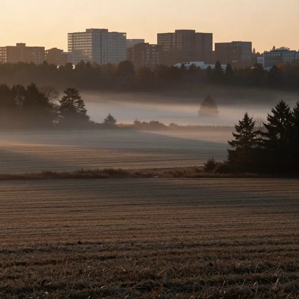 Misty York Region greenbelt with treetops, rolling fields, and distant development edge.