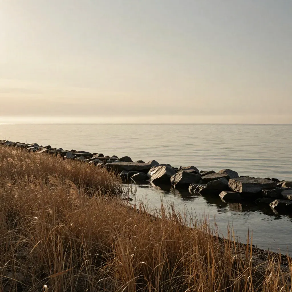 Golden-hour Lake Ontario shoreline with marsh grass, a low breakwater, and calm water haze.