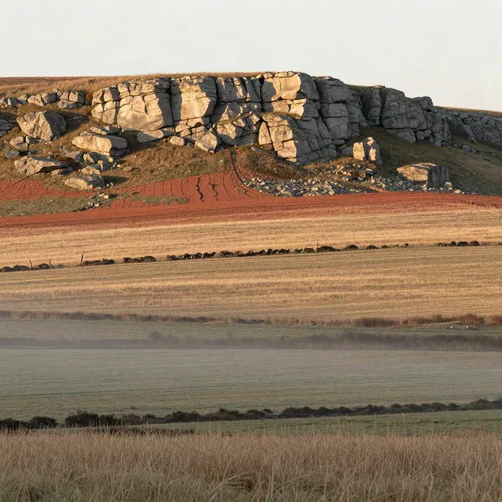 Hazy limestone escarpment above quiet pasture and field edges at first light